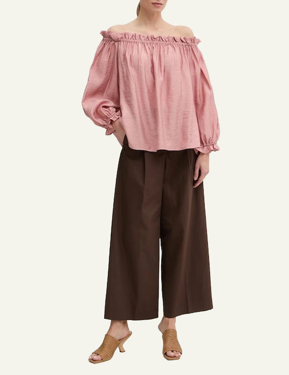Marella off shoulder blouse pink elastic neckline boho style front full body view