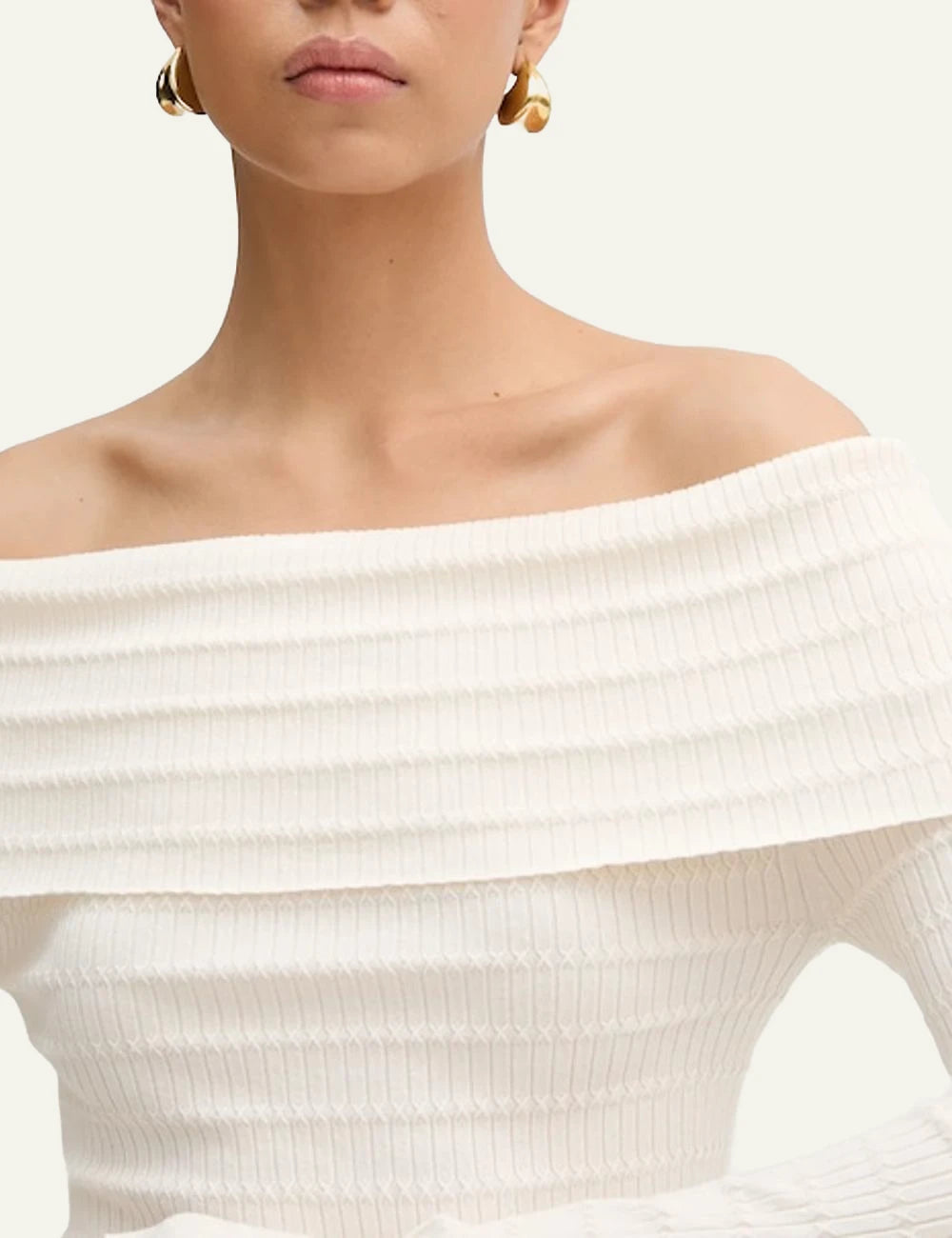 Marella off_shoulder knit_top white ribbed long_sleeve fitted front detail view