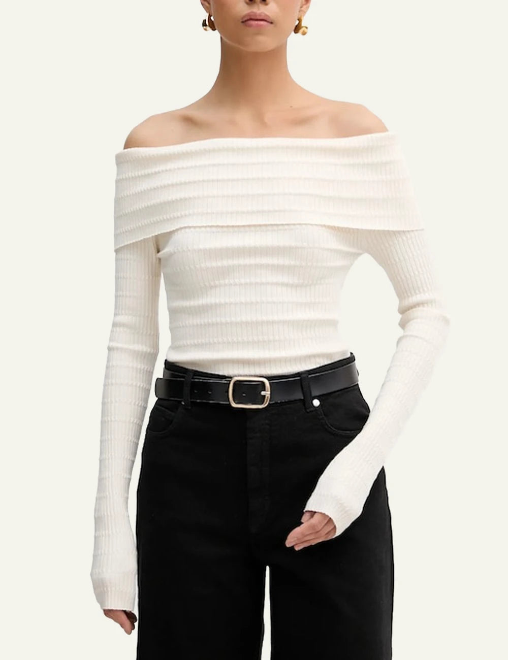 Marella off_shoulder knit_top white ribbed long_sleeve fitted front model view