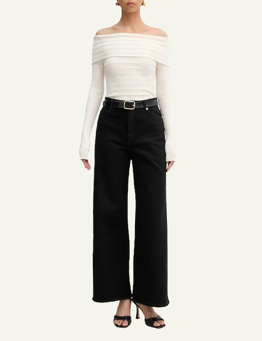 Marella off_shoulder knit_top white ribbed long_sleeve fitted front full body model view