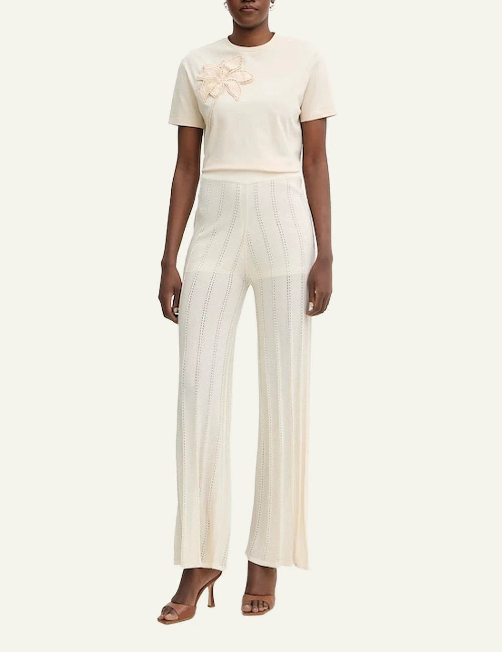 Marella wide leg pants cream knit high waist front model view