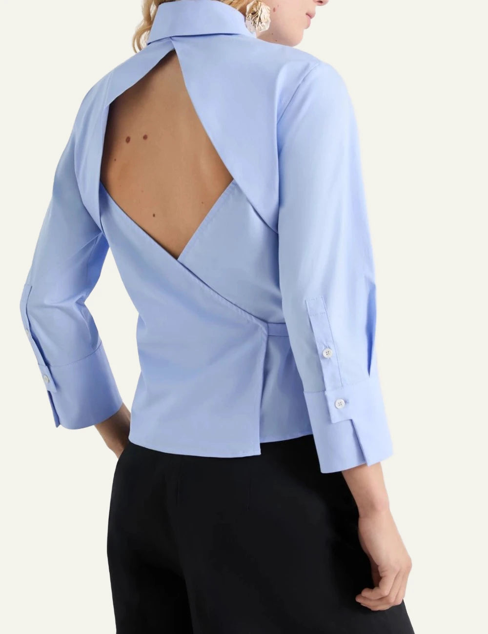 Marella poplin shirt light blue waist tie 3/4 sleeve back view