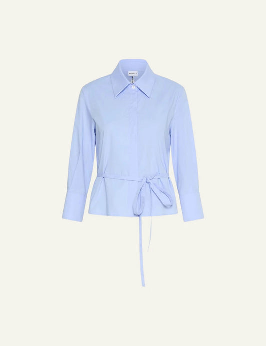Marella poplin shirt light blue waist tie 3/4 sleeve front flat view