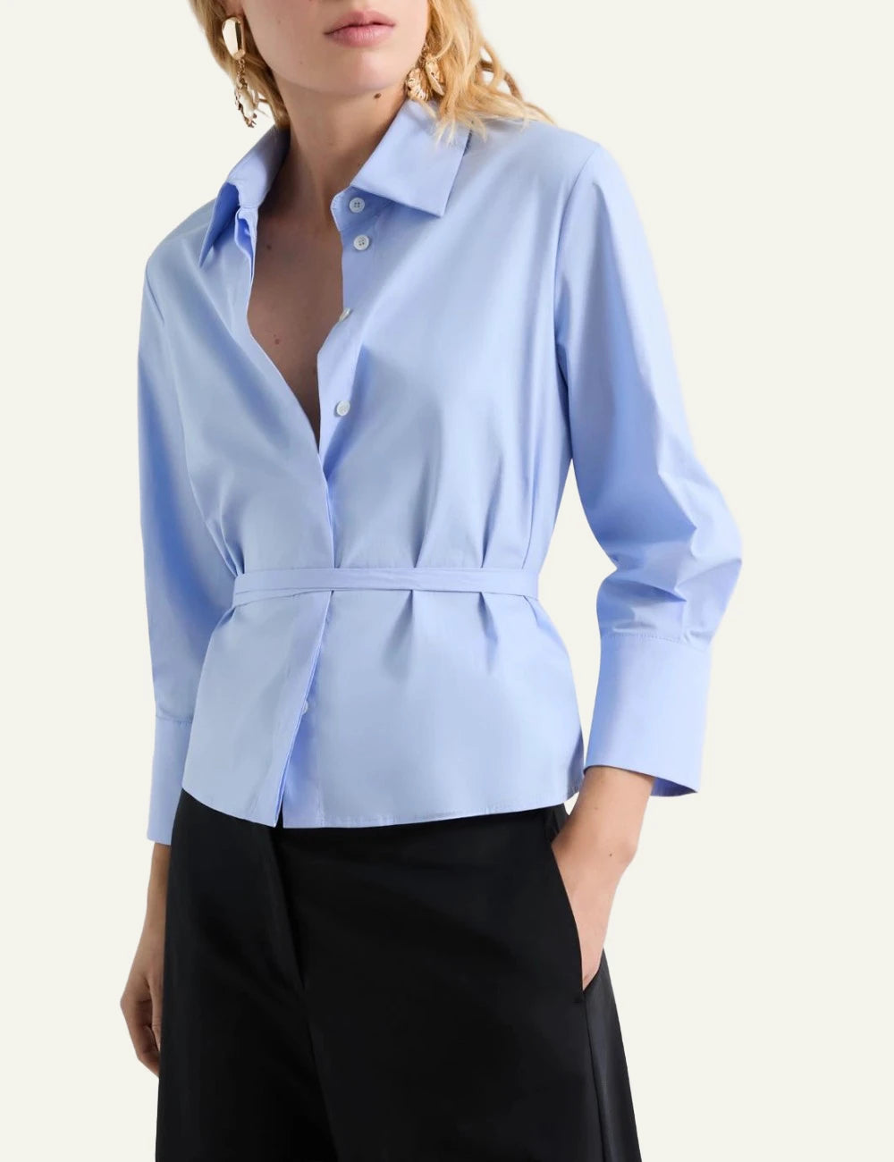 Marella poplin shirt light blue waist tie 3/4 sleeve side view