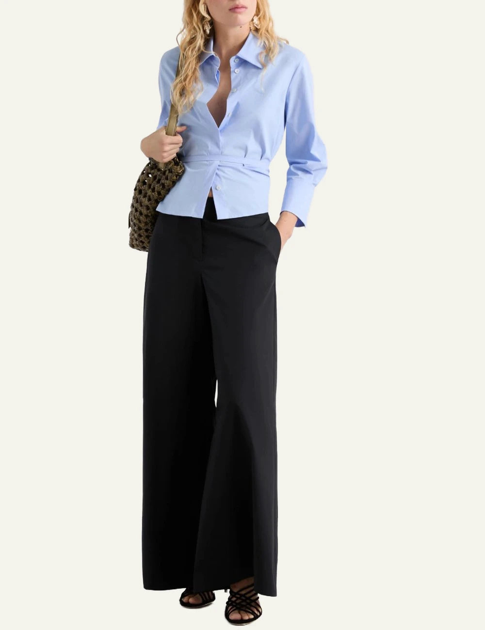 Marella poplin shirt light blue waist tie 3/4 sleeve front full body view