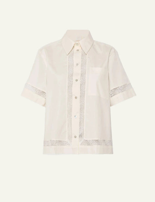 Marella poplin shirt off white lace inserts short sleeve front flat view