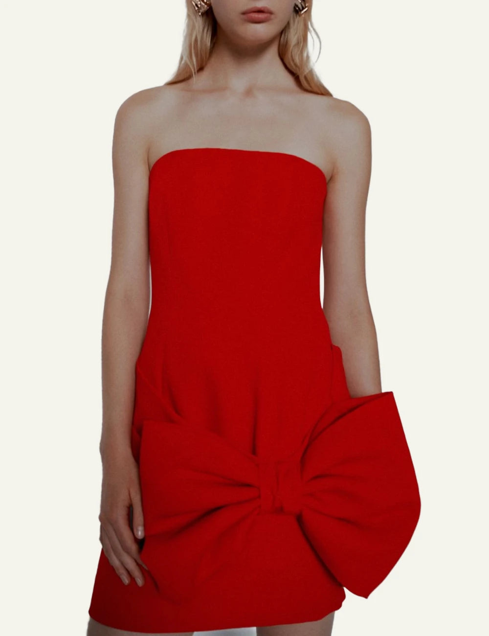 Marella red strapless top with oversized bow detail front detail