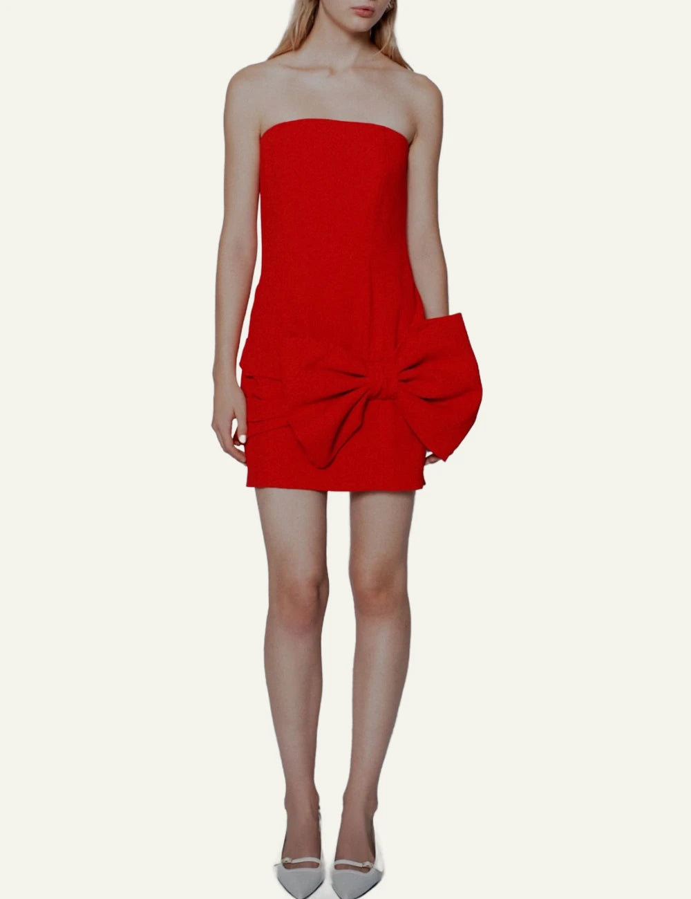 Marella red strapless top with oversized bow detail front full body