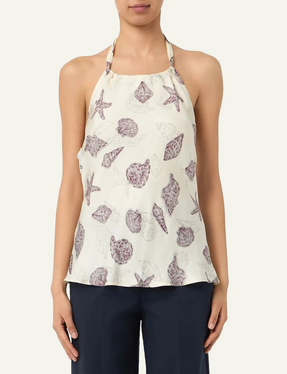 Marella silk printed halter top ecru shells pattern front model view