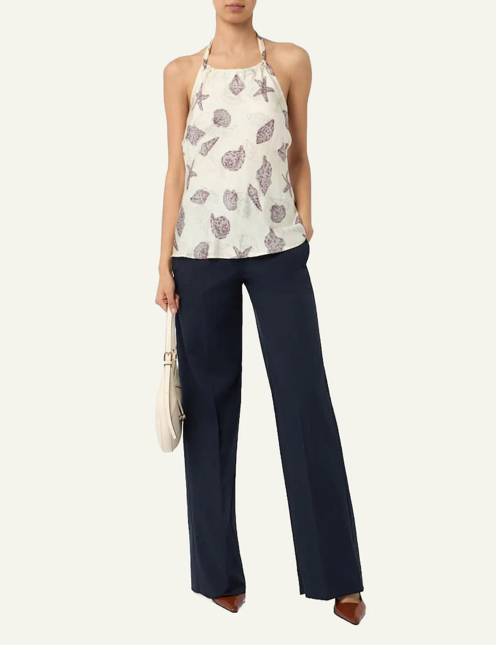 Marella silk printed halter top ecru shells pattern front full body view