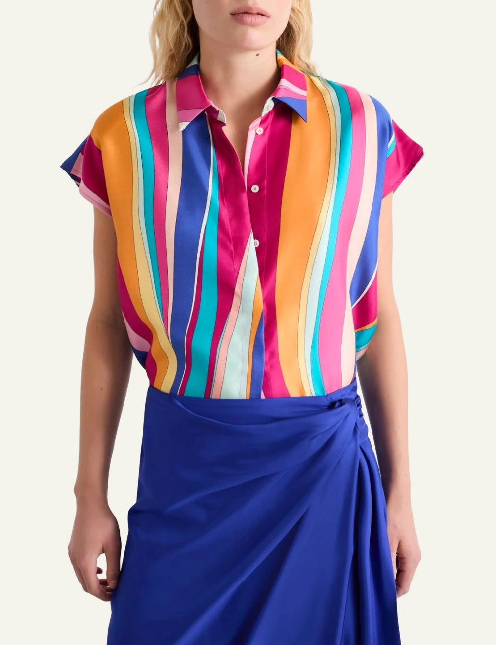Marella striped silk shirt multicolor short sleeve front model view