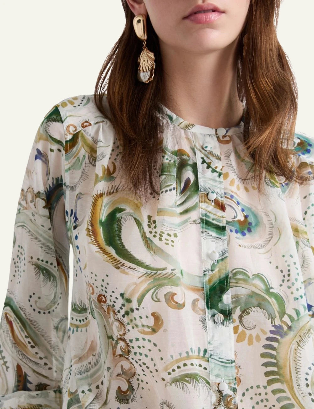 Marella silk voile shirt printed loose fit rounded neck front detail view