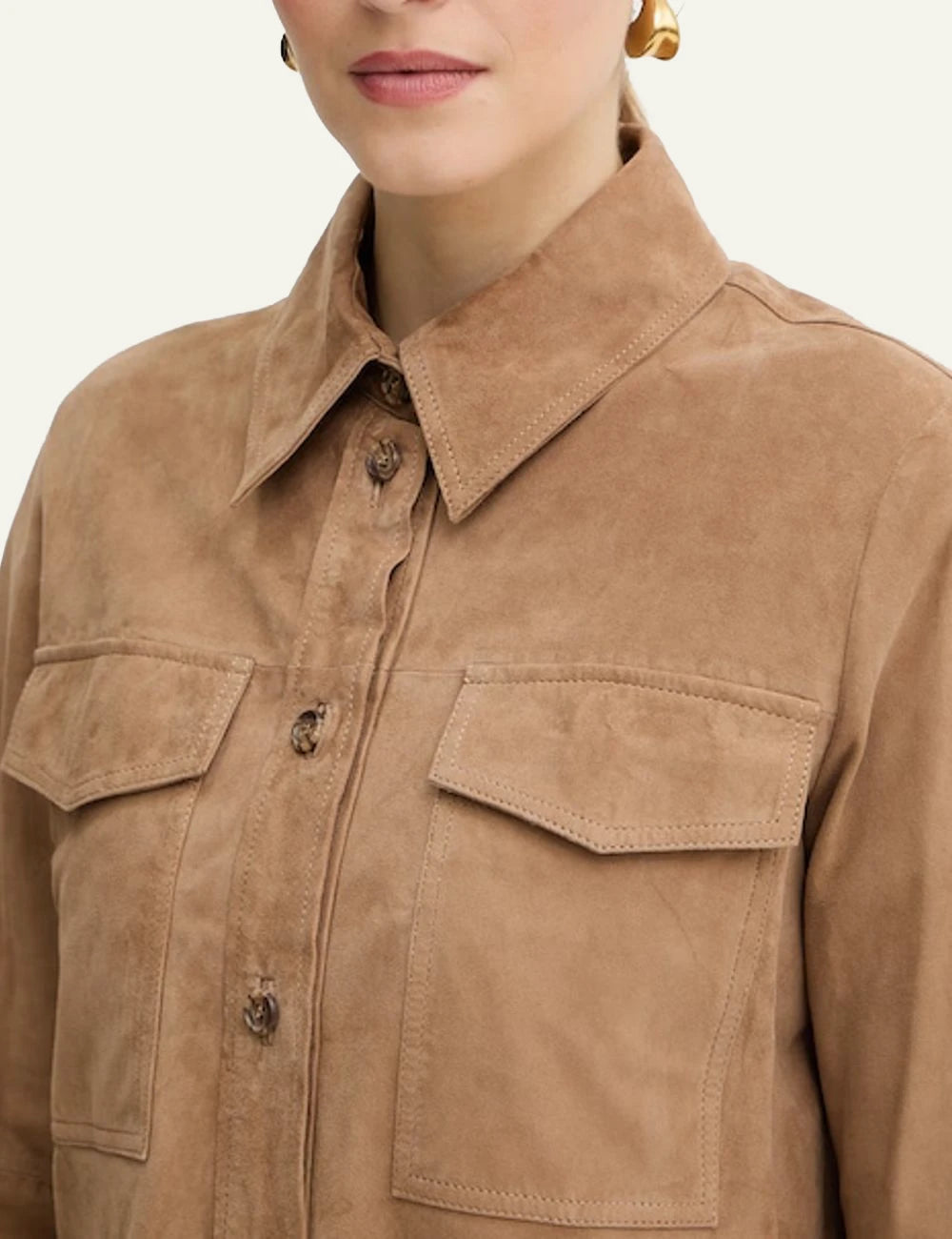 Marella suede shacket beige button front patch pockets front detail view