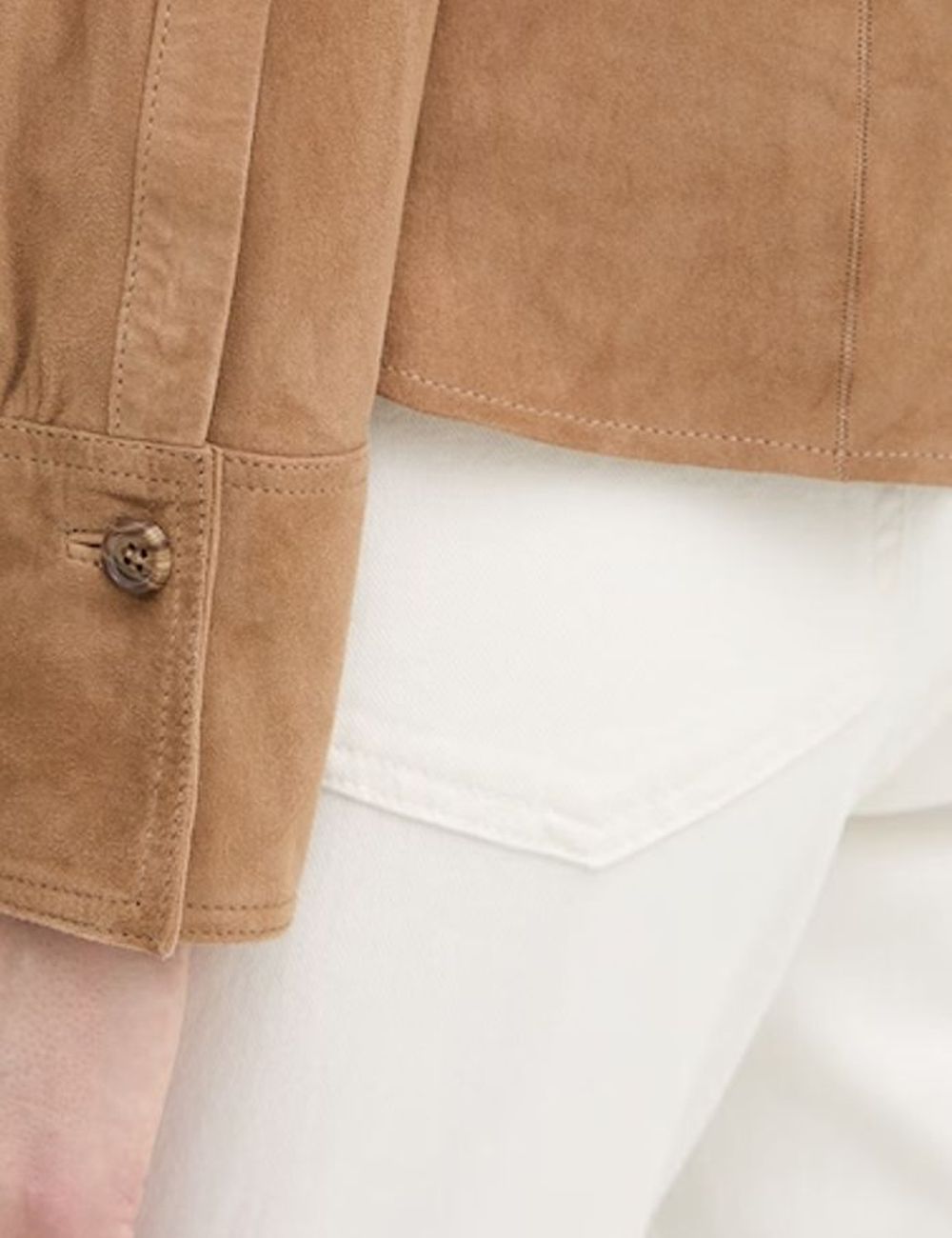 Marella suede shacket beige button front patch pockets side detail view