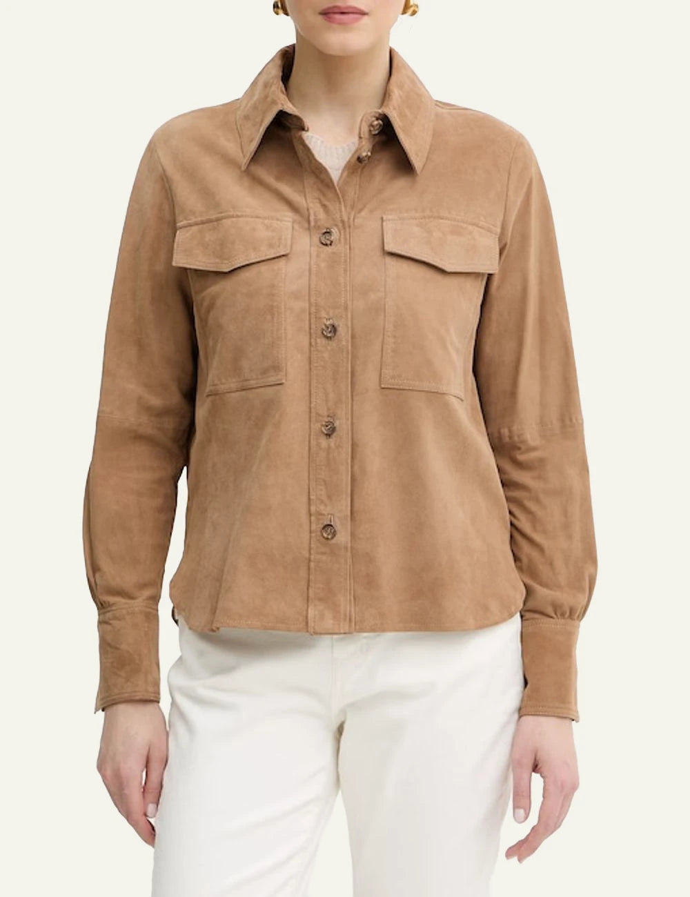 Marella suede shacket beige button front patch pockets front model view