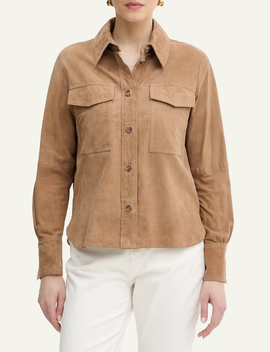 Marella suede shacket beige button front patch pockets front model view