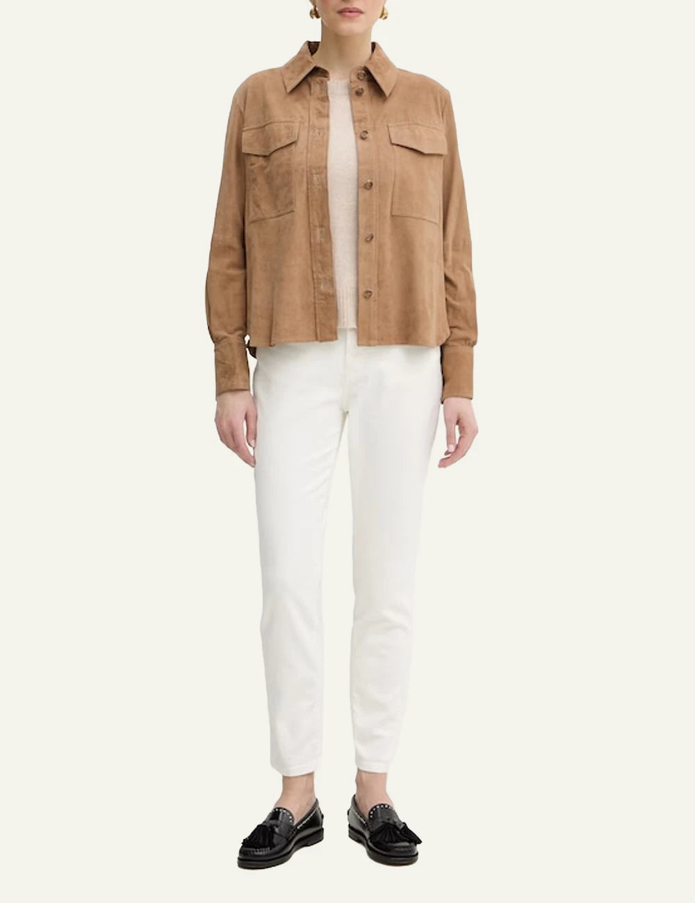 Marella suede shacket beige button front patch pockets front full body view