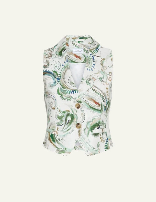 Marella waistcoat linen printed sleeveless lapel neckline buttons front flat view