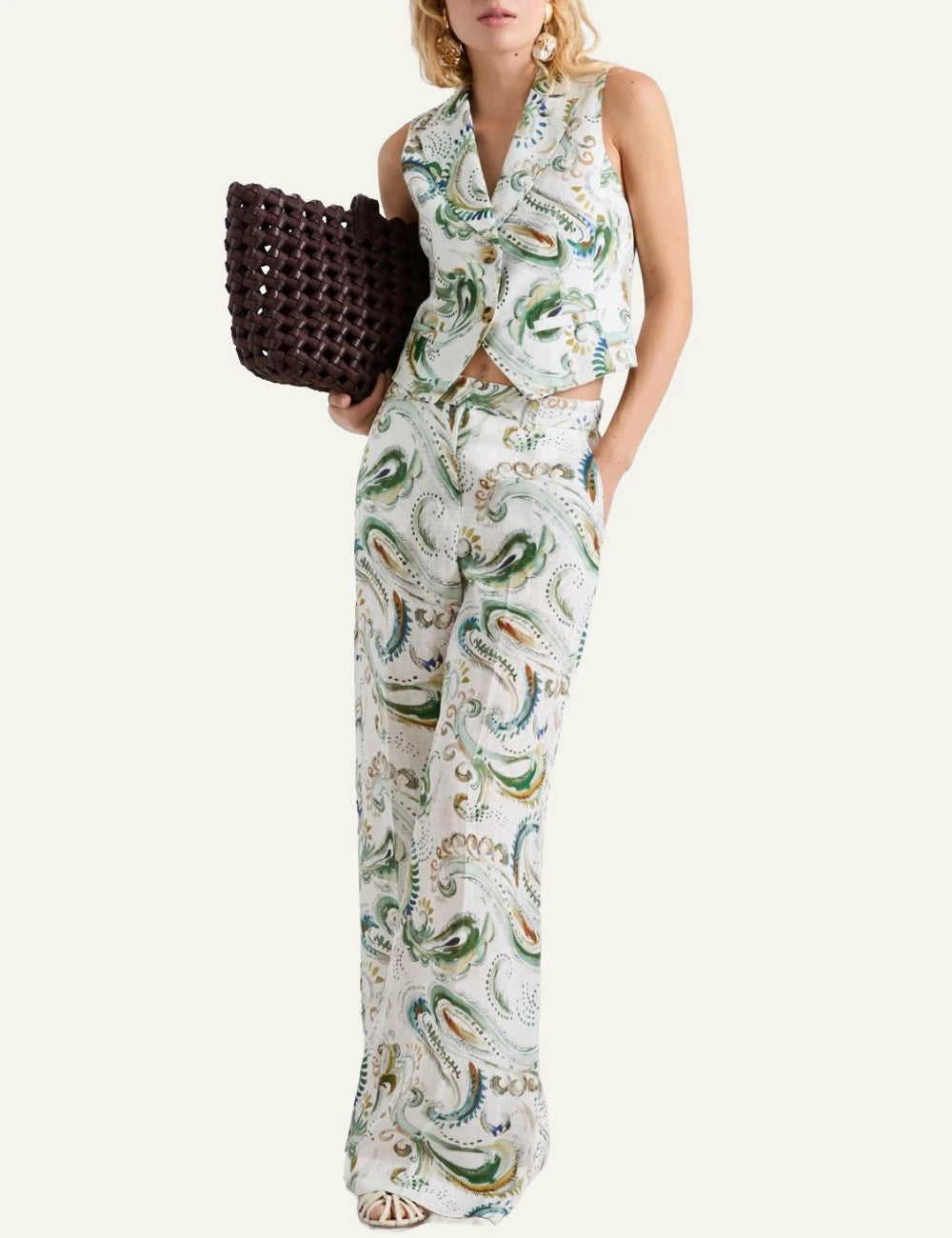 Marella waistcoat linen printed sleeveless lapel neckline buttons front  full body view