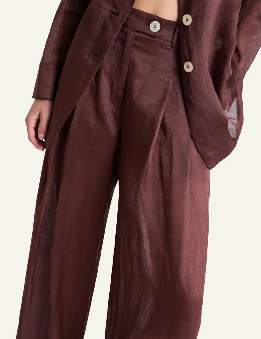 Marella wide leg trousers brown ramie elastic waist front detail view