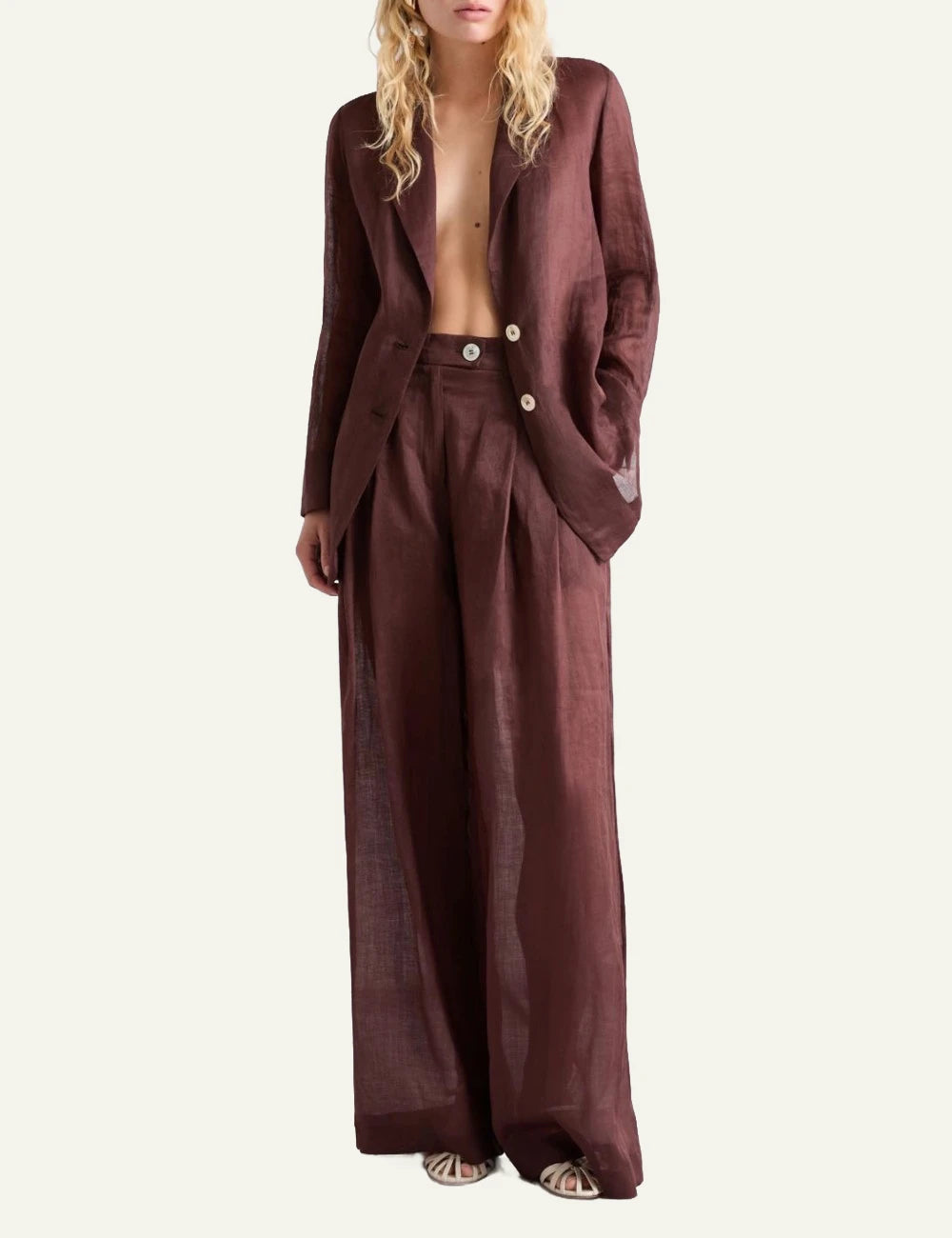 Marella wide leg trousers brown ramie elastic waist front full body view