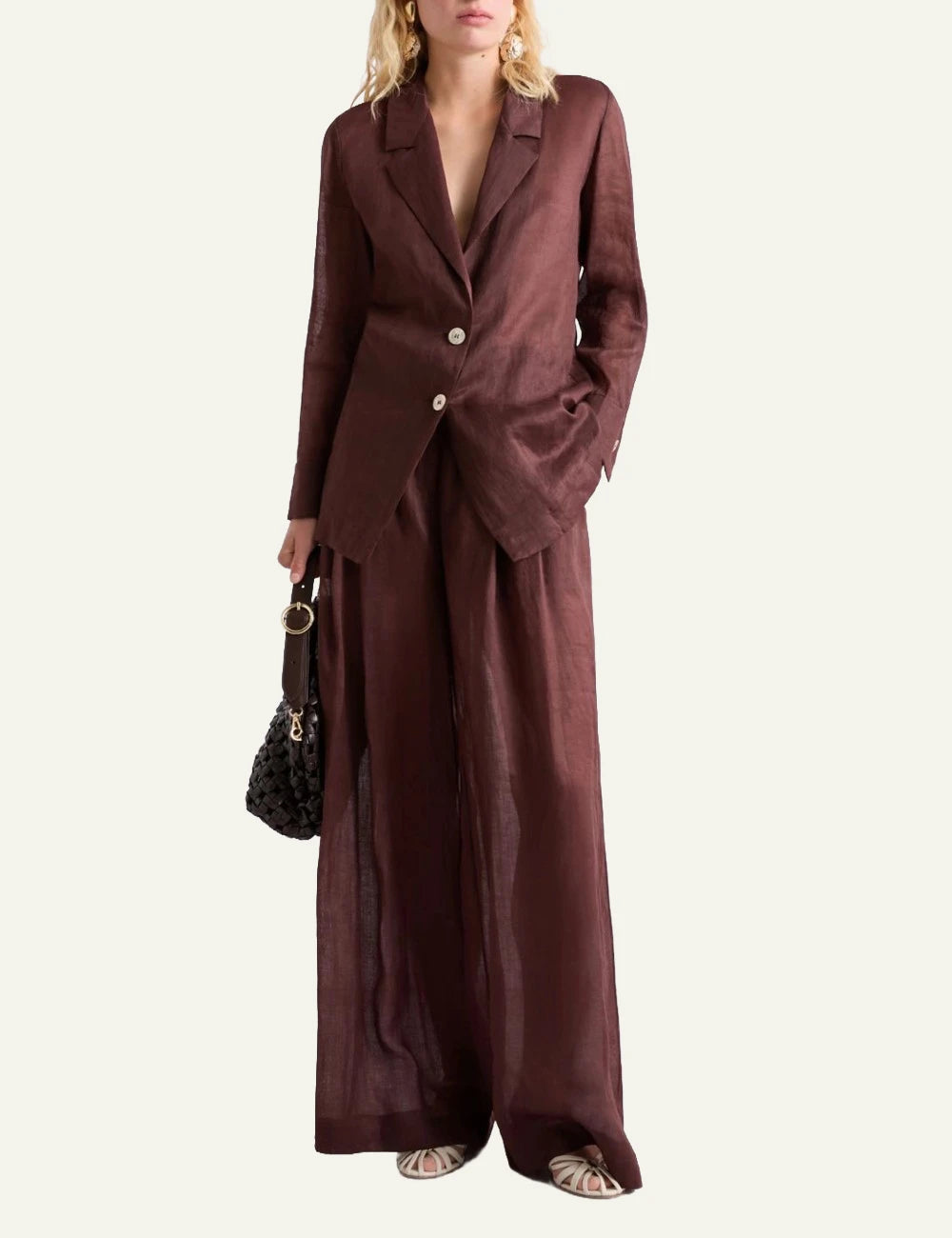 Marella wide leg trousers brown ramie elastic waist front model view