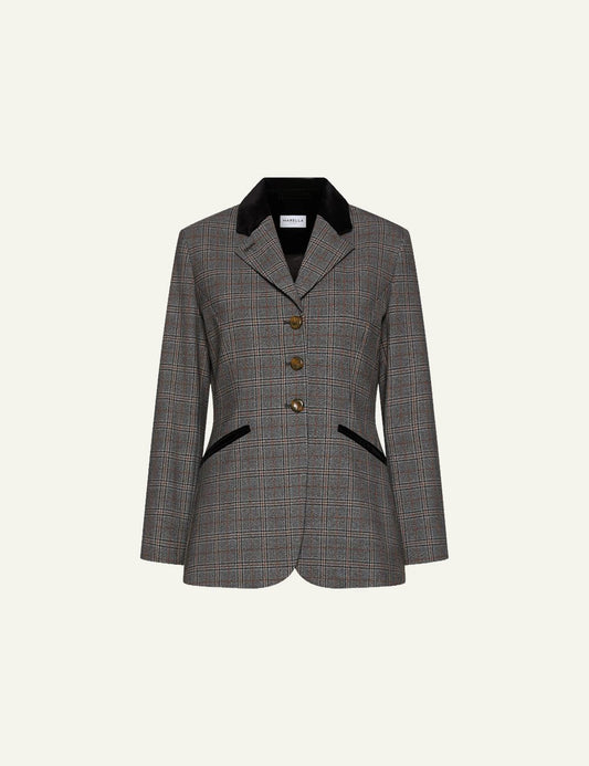Marella Women’s Grey Checked Twill Blazer With Black Velvet Trims