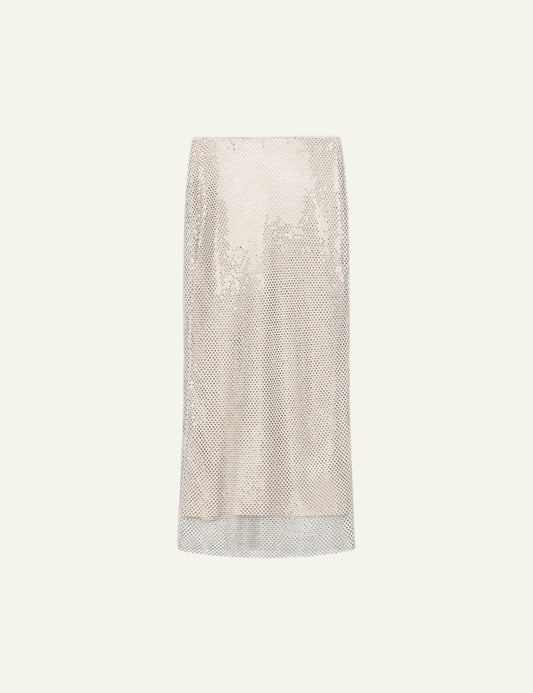 Marella Women’s Silver Rhinestone Technical Mesh Midi Skirt