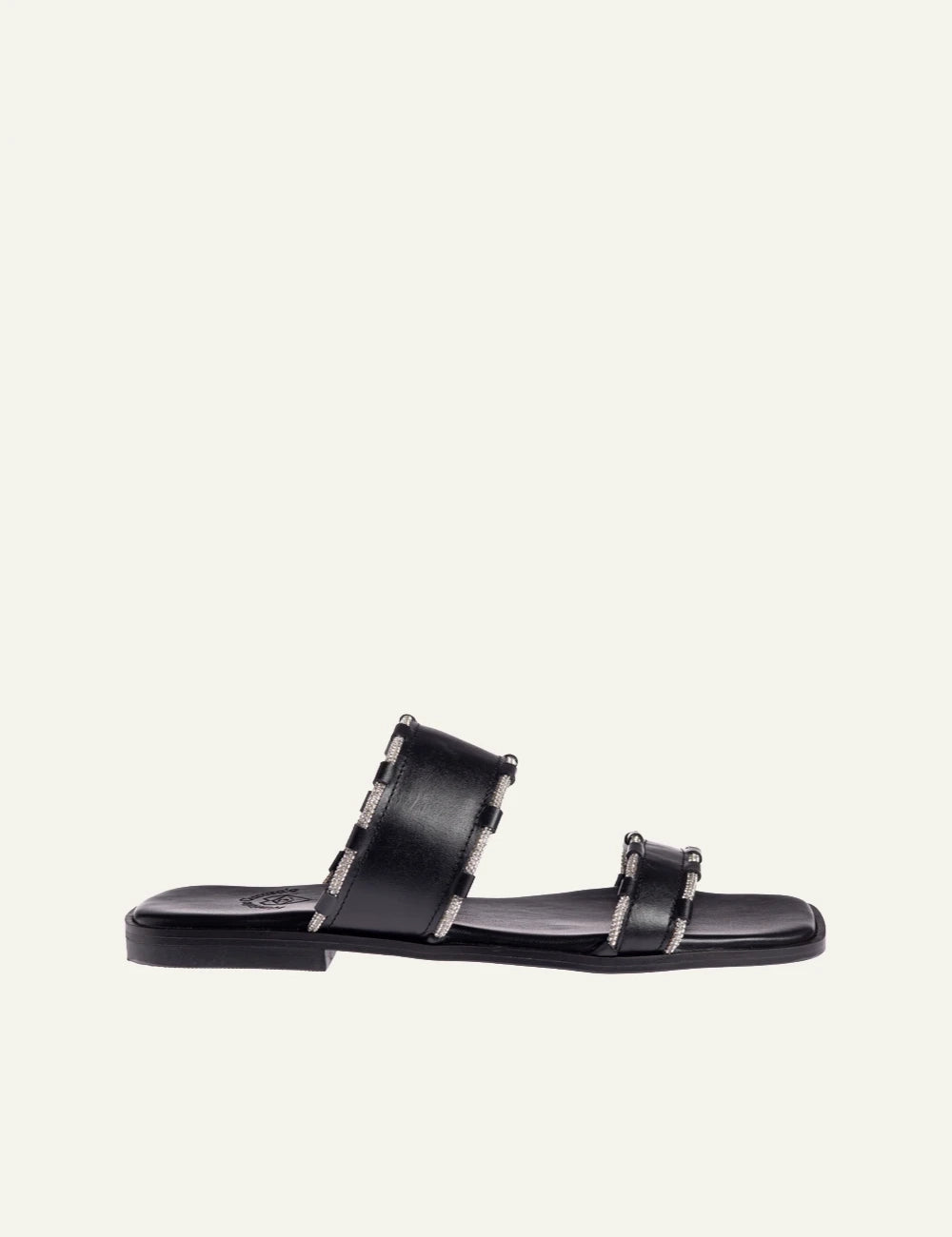Marietta Chrousala sandals black leather double strap shiny details flat side
