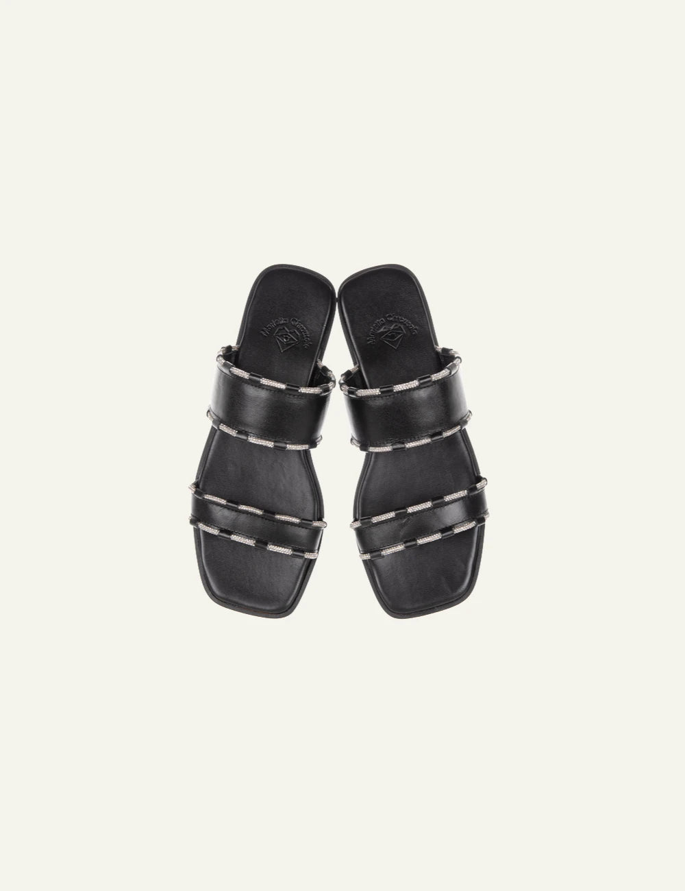 Marietta Chrousala sandals black leather double strap shiny details flat top