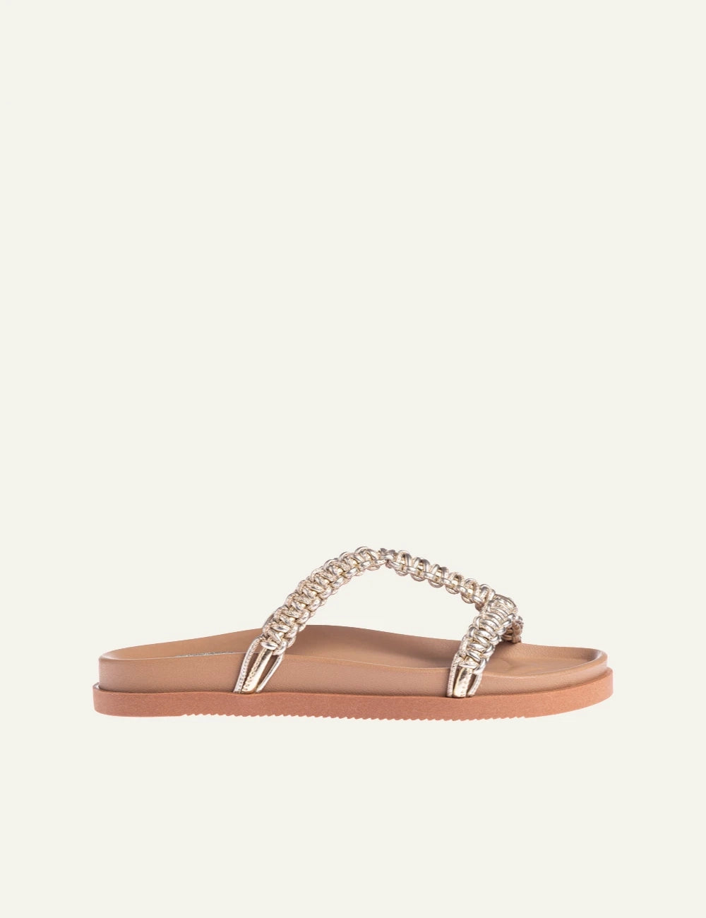 Marietta Chrousala sandals gold metallic leather braided strap flat side