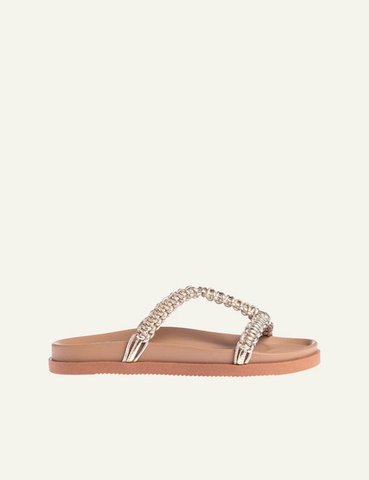 Marietta Chrousala sandals gold metallic leather braided strap flat side