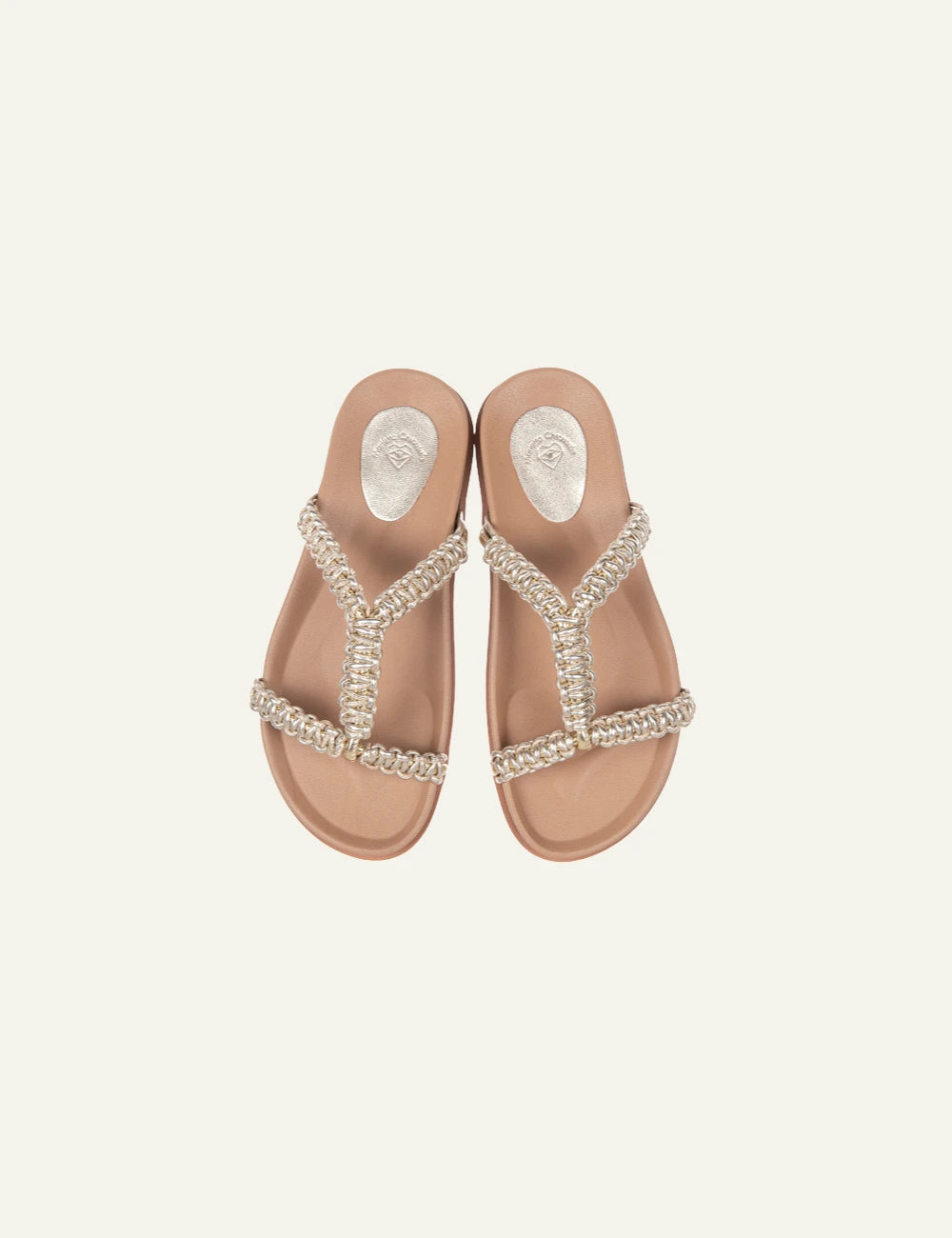 Marietta Chrousala sandals gold metallic leather braided strap flat top