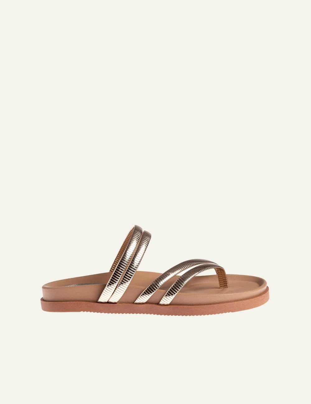 Marietta Chrousala sandals gold metallic straps toe ring flat side