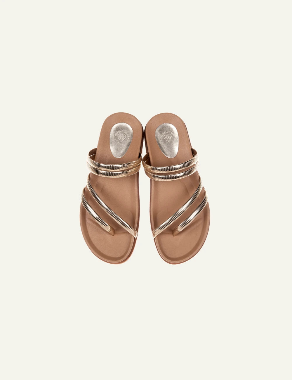 Marietta Chrousala sandals gold metallic straps toe ring flat top