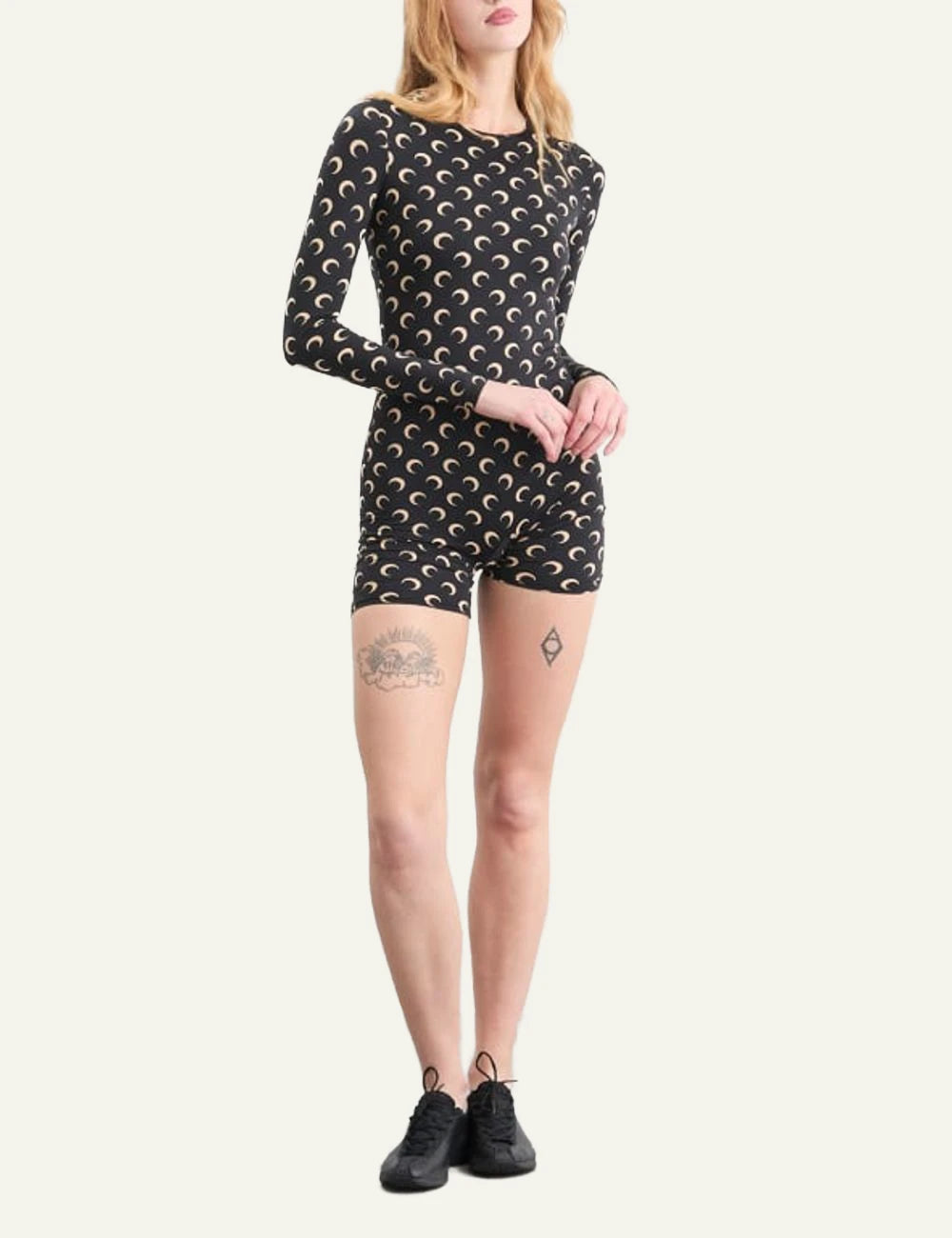 Marine Serre crescent moon print catsuit black long sleeve front full body view