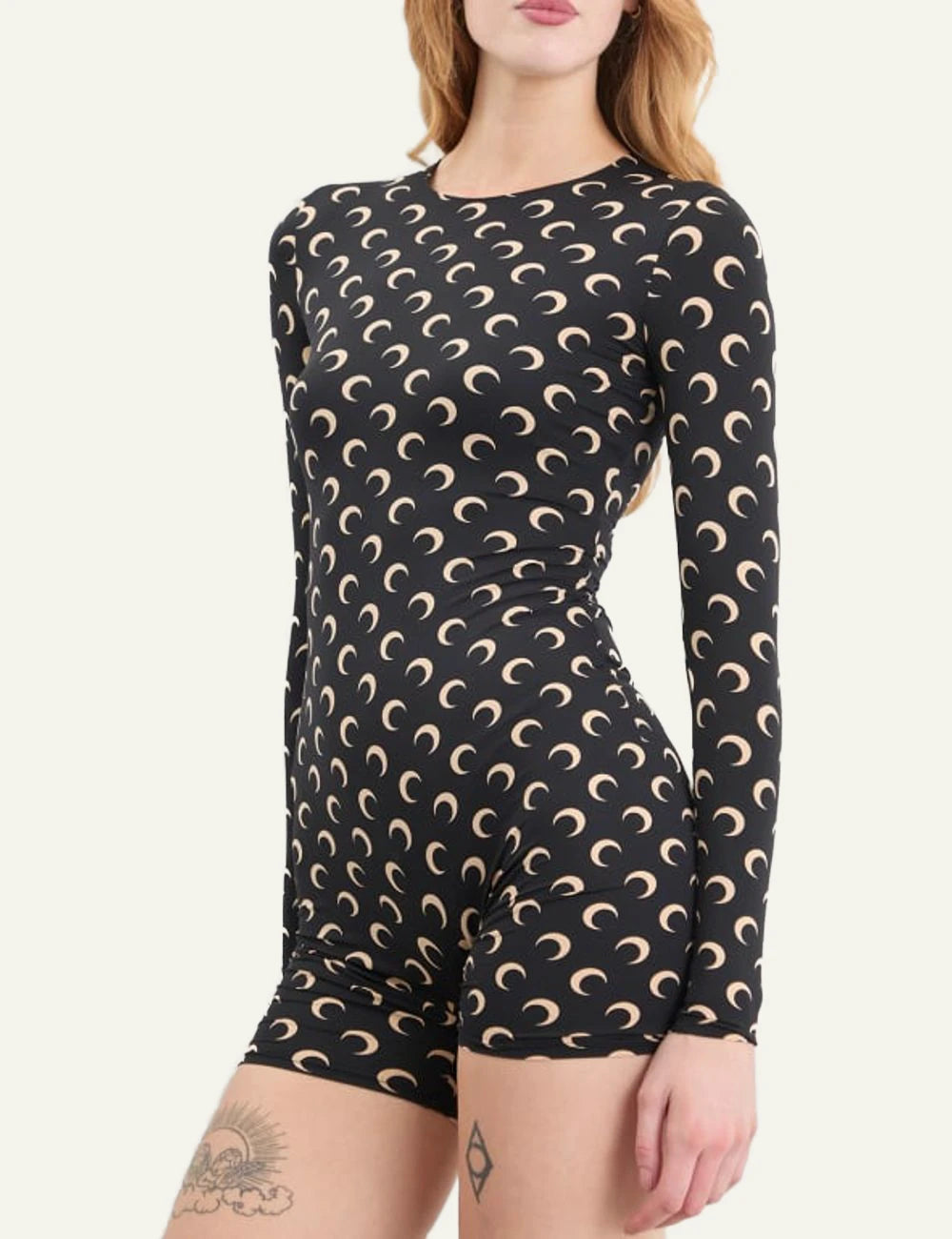 Marine Serre crescent moon print catsuit black long sleeve front detail view