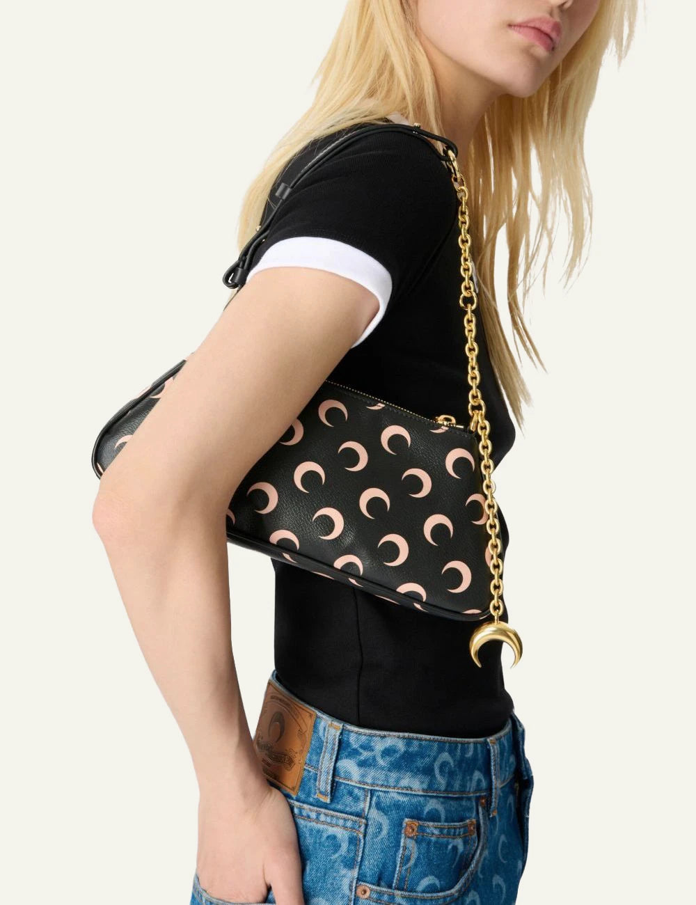 Marine Serre moon print shoulder bag black me gold chain side model view