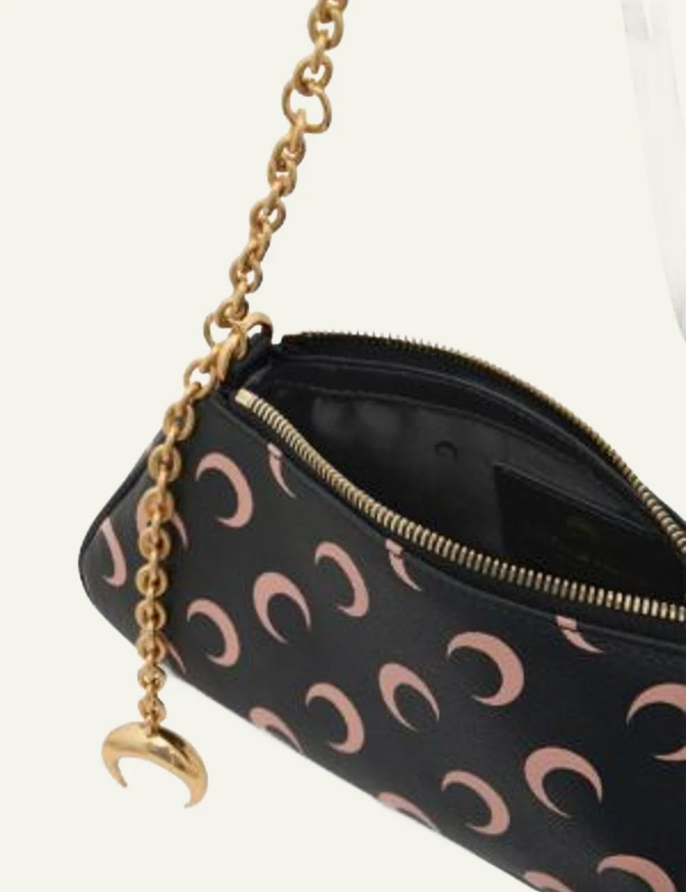 Marine Serre moon print shoulder bag black me gold chain top view