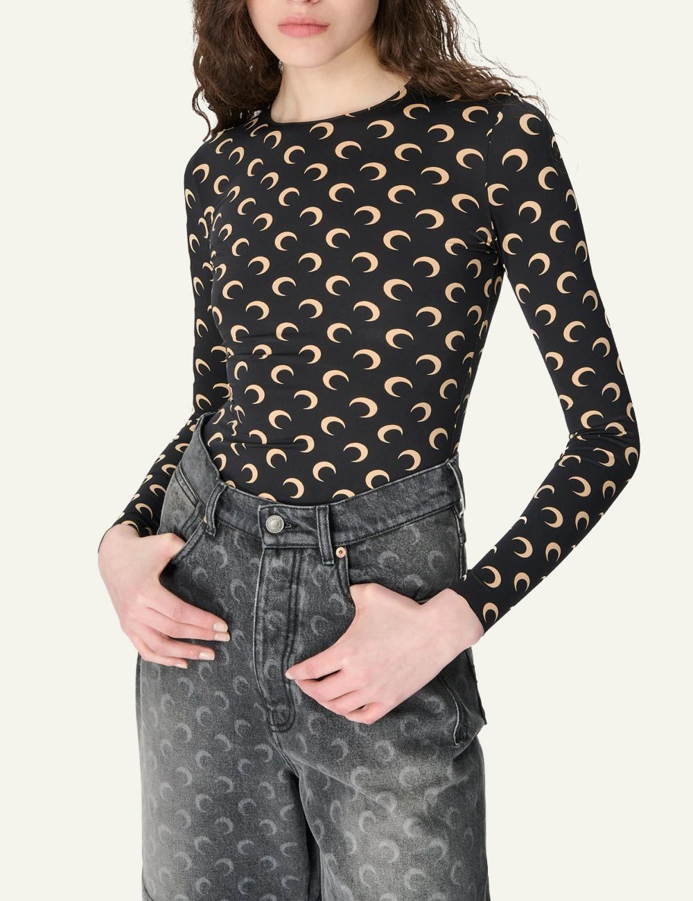 Marine Serre black moon print second skin long sleeve top front model view