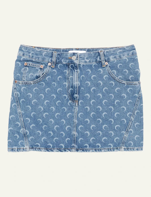 Marine Serre blue denim mini skirt me crescent moon print front view