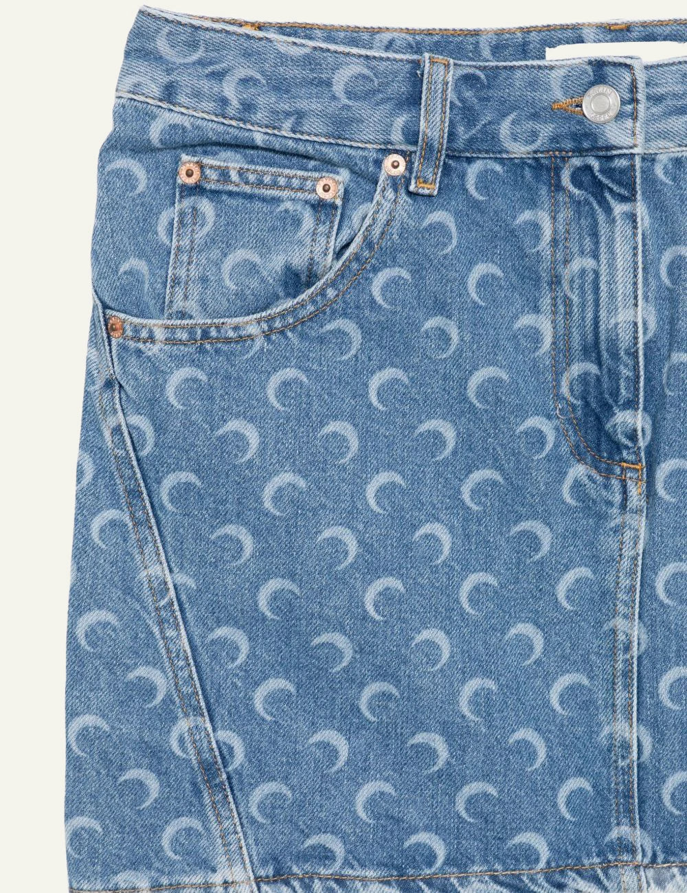 Marine Serre blue denim mini skirt me crescent moon print front detail view