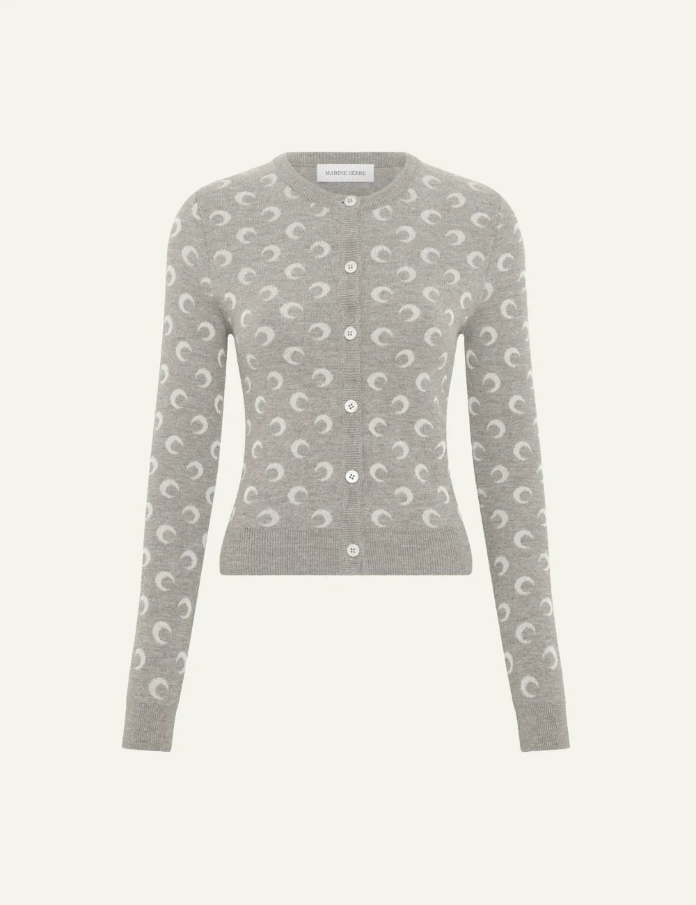 Marine Serre grey moon pattern knit cardigan front view