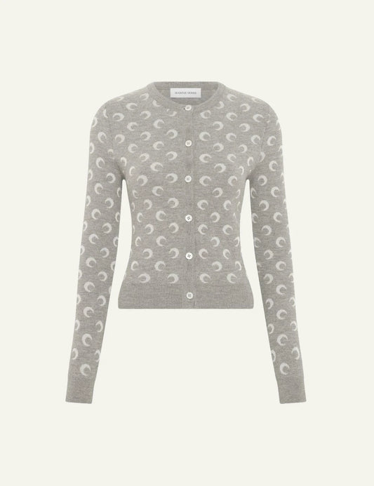 Marine Serre grey moon pattern knit cardigan front view