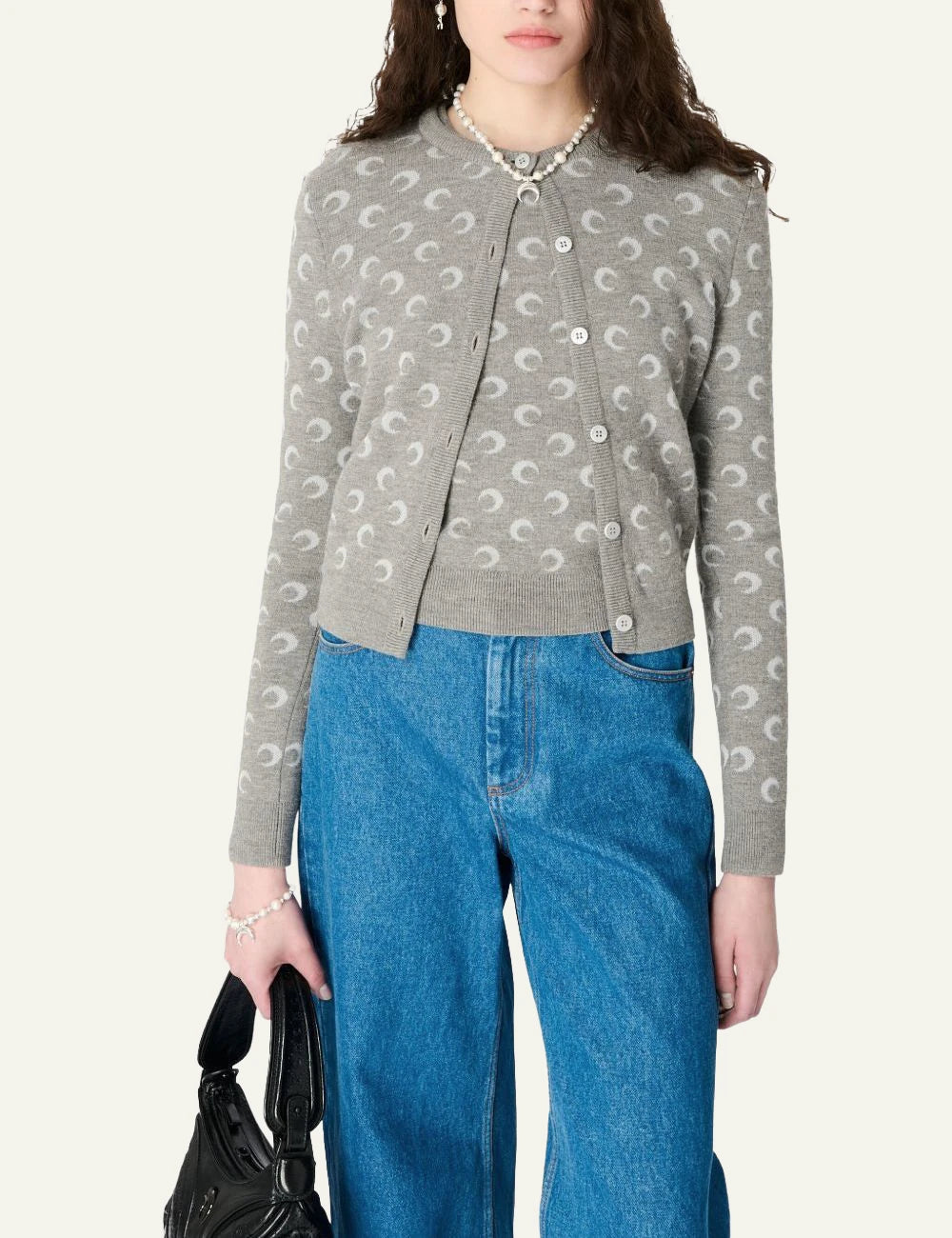 Marine Serre grey moon pattern knit cardigan front model view