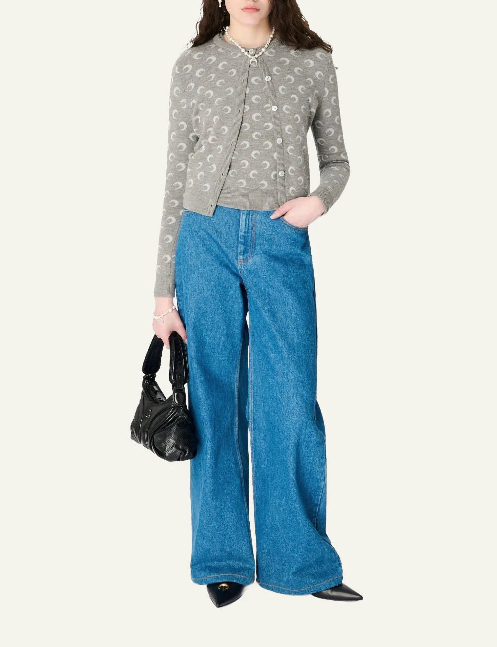 Marine Serre grey moon pattern knit cardigan front full body view