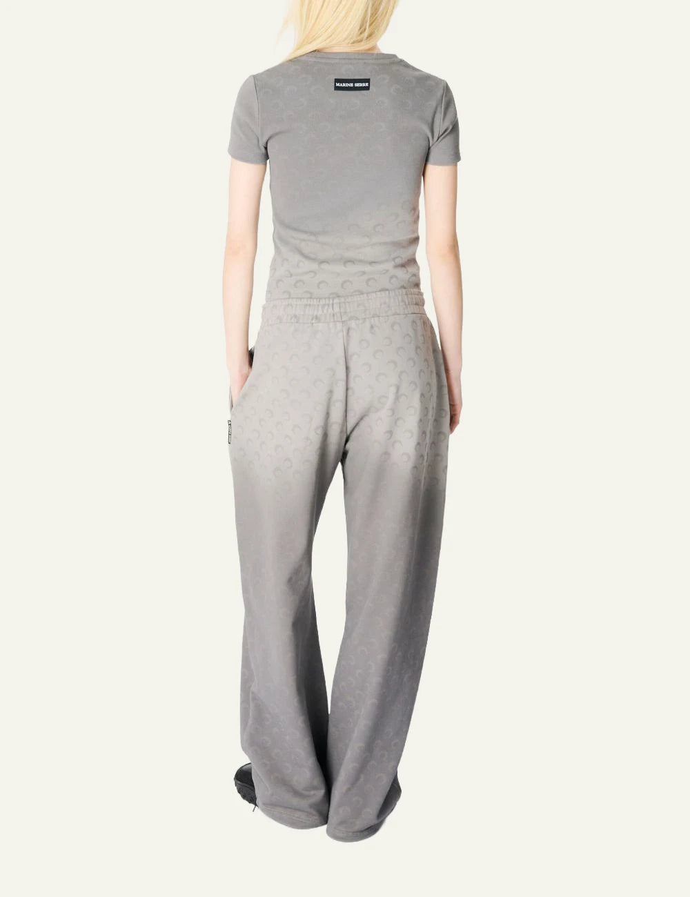 Marine Serre grey moon pattern wide leg sweatpants back view