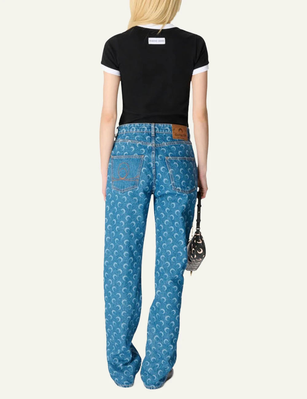 Marine Serre light blue denim jeans me crescent moon print back view