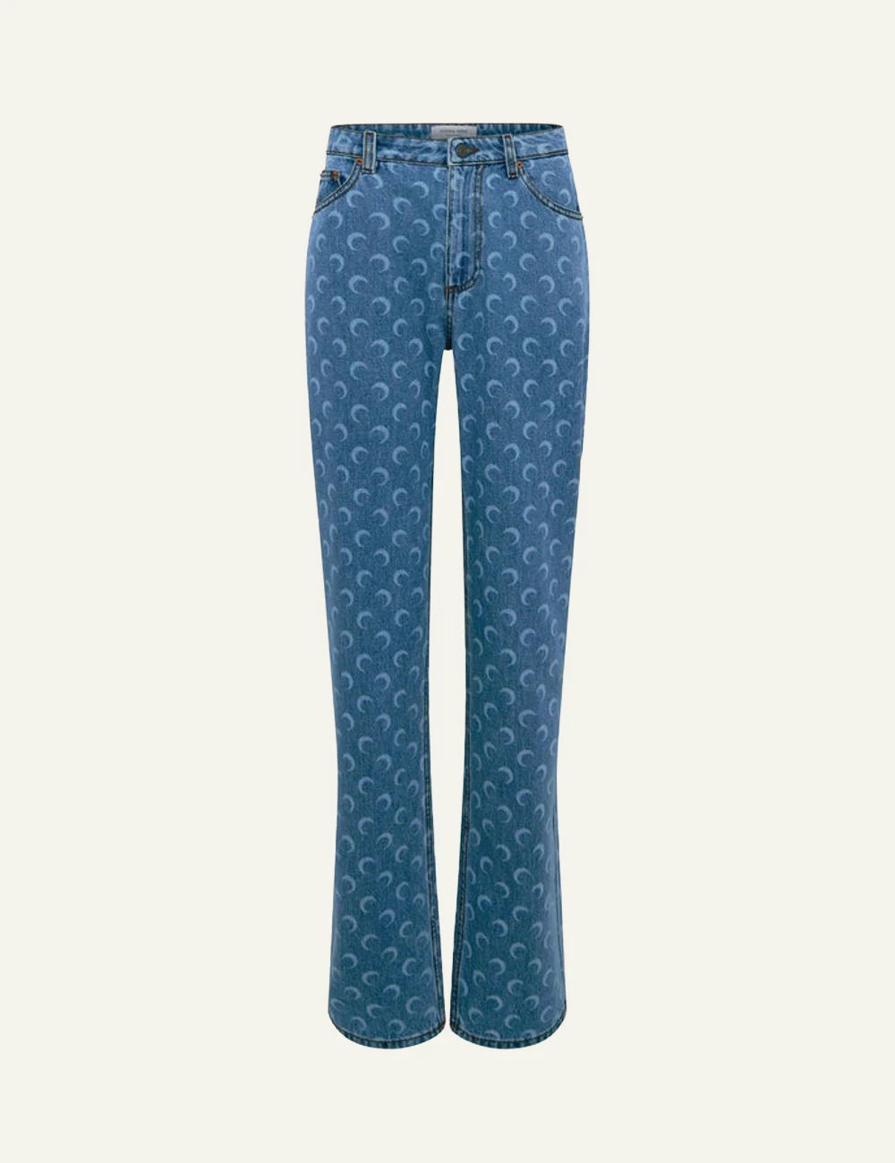 Marine Serre light blue denim jeans me crescent moon print front view