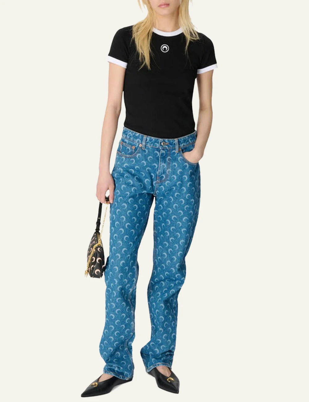 Marine Serre light blue denim jeans me crescent moon print front full body view